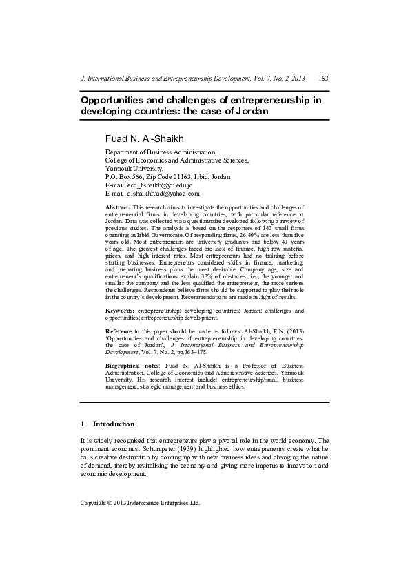 (PDF) Opportunities and challenges of entrepreneurship in developing ...