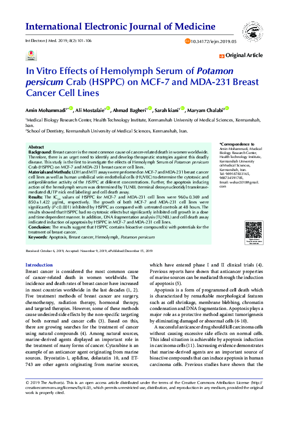 (PDF) In Vitro Effects of Hemolymph Serum of Potamon persicum Crab ...