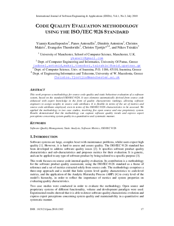 (PDF) Code Quality Evaluation Methodology Using The ISO/IEC 9126 Standard