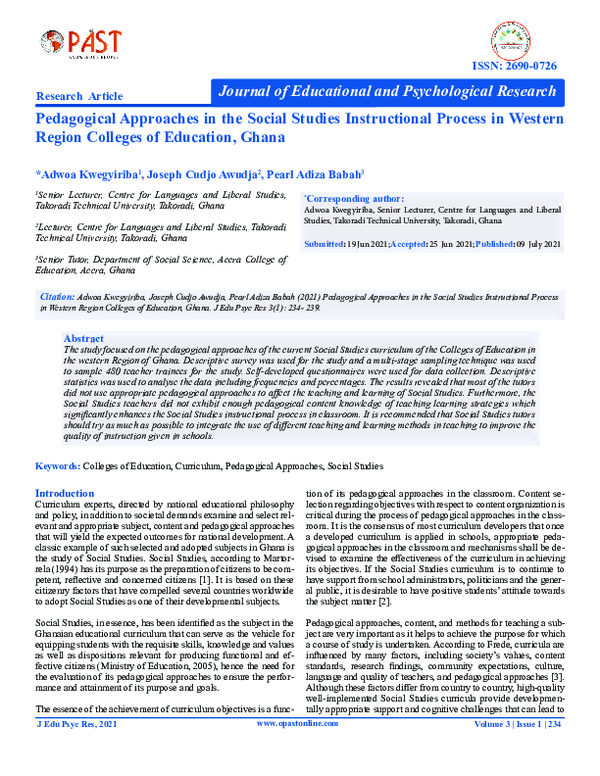 (PDF) Pedagogical Approaches in the Social Studies Instructional ...