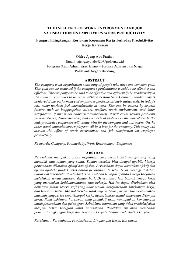 (PDF) THE INFLUENCE OF WORK ENVIRONMENT AND JOB SATISFACTION ON ...
