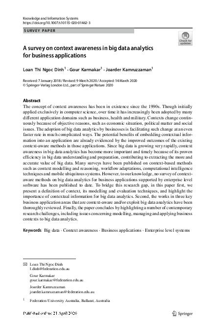 (PDF) A survey on context awareness in big data analytics for business ...