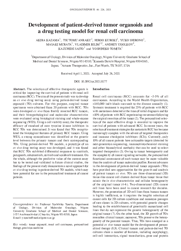 (PDF) Development of patient‑derived tumor organoids and a drug testing ...