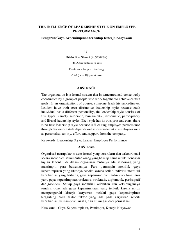 (PDF) THE INFLUENCE OF LEADERSHIP STYLE ON EMPLOYEE PERFORMANCE