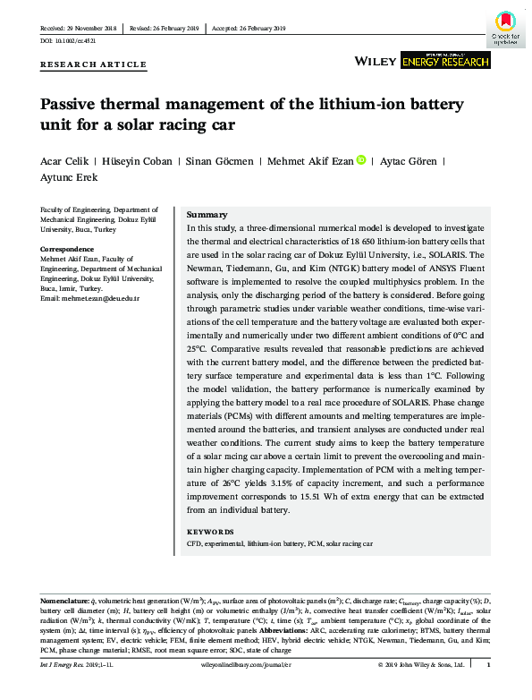 (PDF) Passive thermal management of the lithium‐ion battery unit for a ...