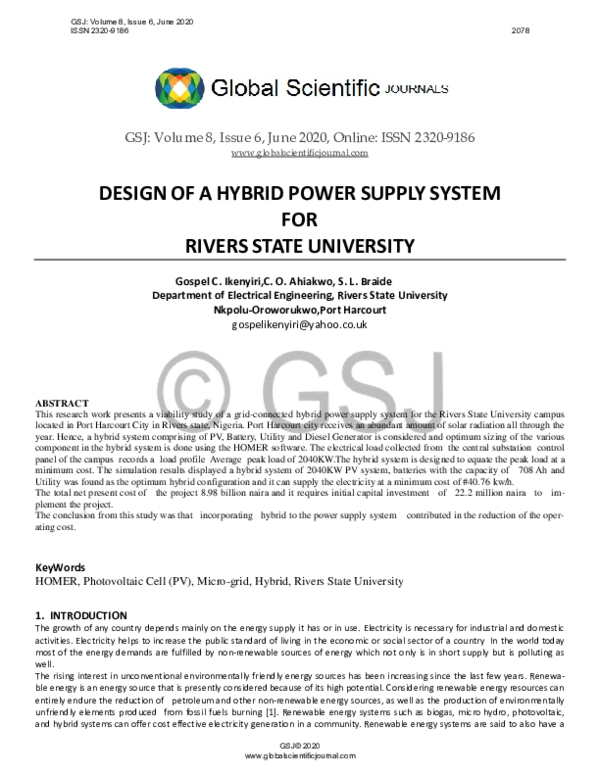 (PDF) DESIGN OF A HYBRID POWER SUPPLY SYSTEM FOR RIVERS STATE UNIVERSITY