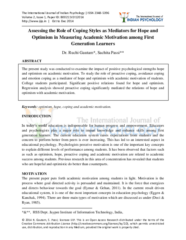 (PDF) Assessing the Role of Coping Styles as Mediators for Hope and ...