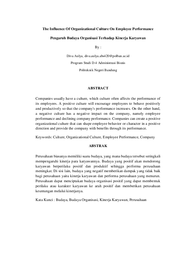(PDF) The Influence Of Organizational Culture On Employee Performance