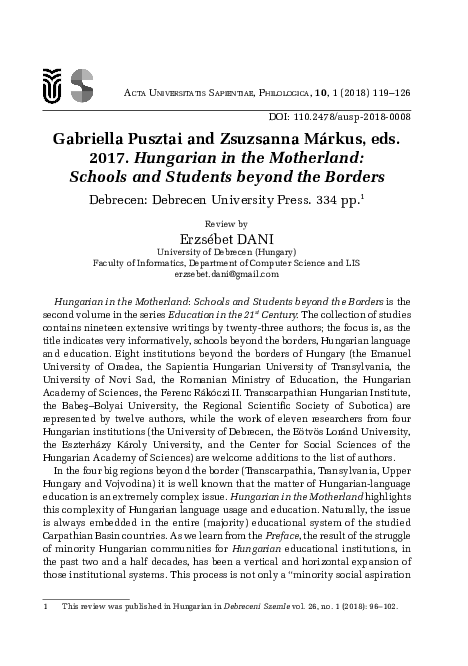 Gabriella Pusztai and Zsuzsanna Márkus, eds. 2017. Hungarian in the Motherland: Schools and Students beyond the Borders