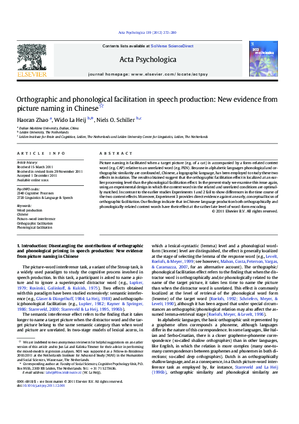 (PDF) Orthographic and phonological facilitation in speech production ...