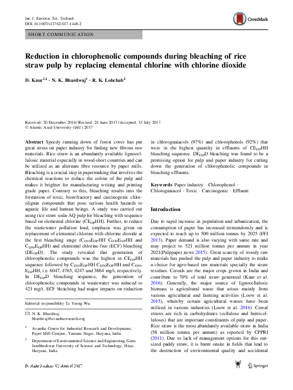 (PDF) Reduction in chlorophenolic compounds during bleaching of rice ...