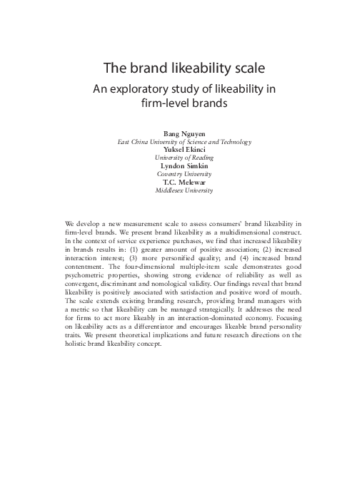 (PDF) The brand likeability scale: An exploratory study of likeability ...
