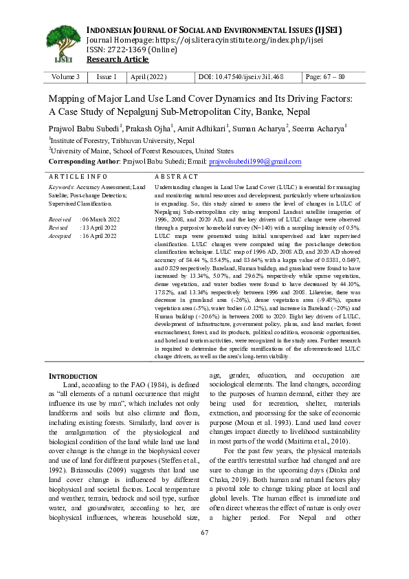 (PDF) Mapping of Major Land Use Land Cover Dynamics and Its Driving ...