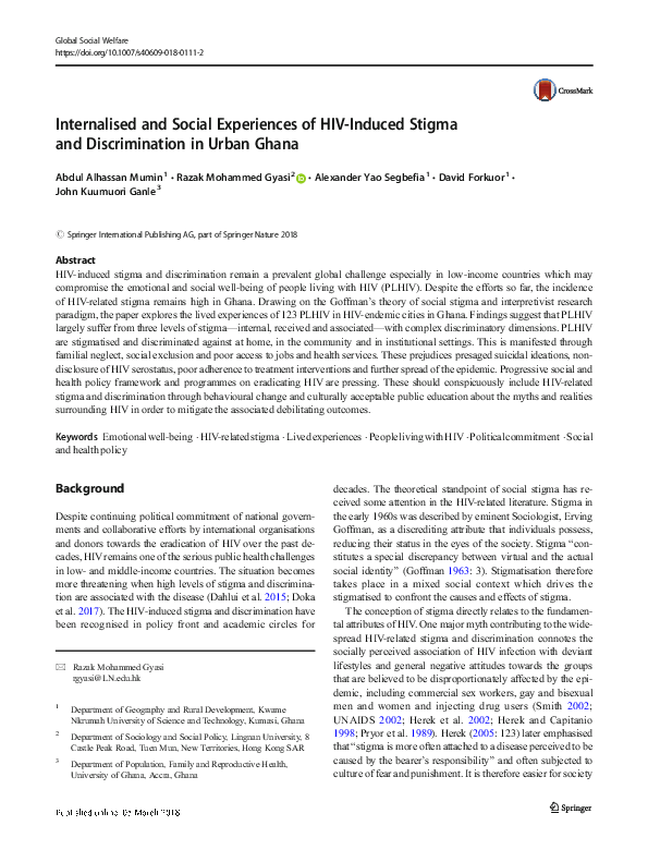 (PDF) Internalised and Social Experiences of HIV-Induced Stigma and ...