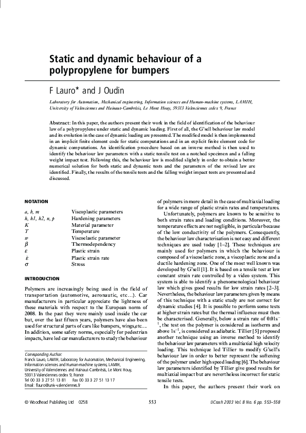 (PDF) Static and dynamic behaviour of a polypropylene for bumpers