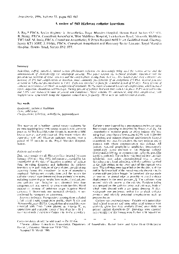 (PDF) A review of 560 Hickman catheter insertions Jacqueline Filshie
