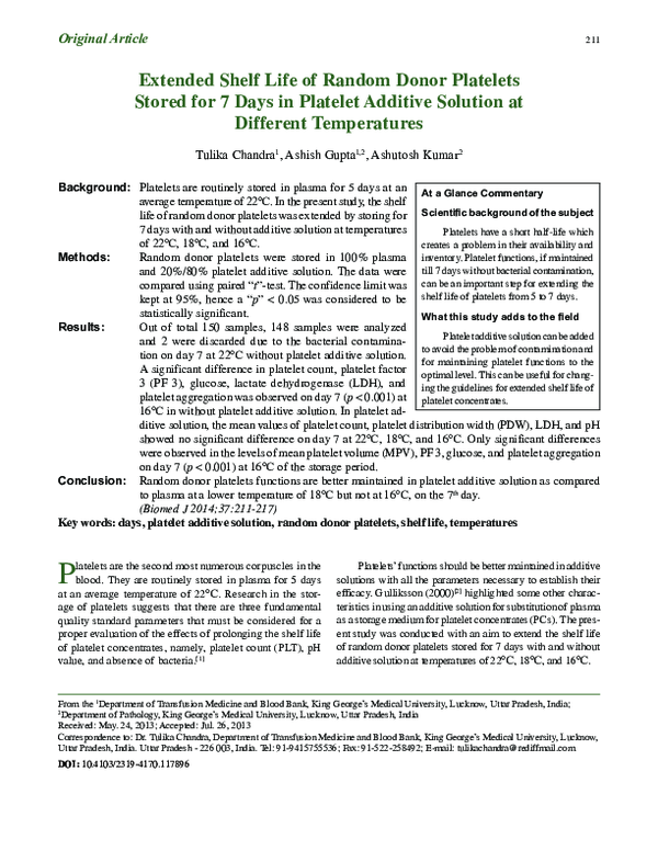 (PDF) Extended shelf life of random donor platelets stored for 7 days