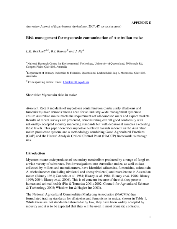 (PDF) Risk management for mycotoxin contamination of Australian maize