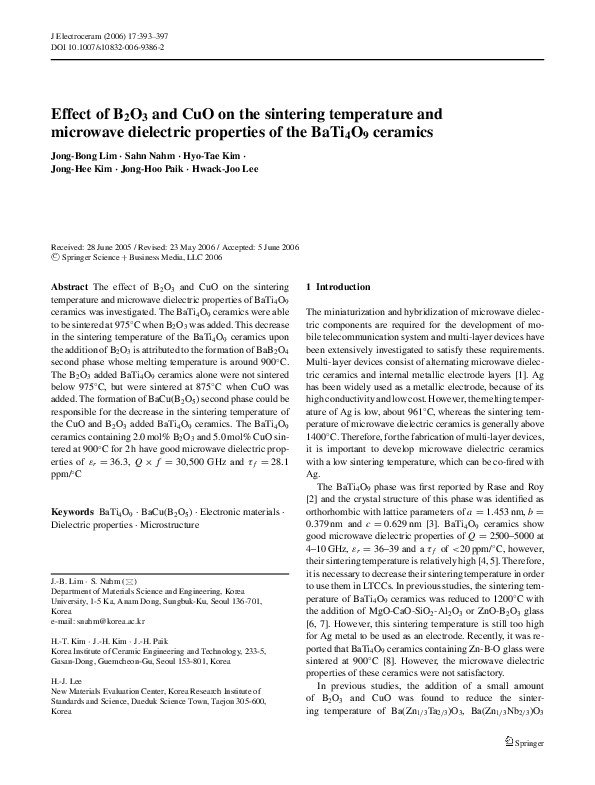 (PDF) Effect of B2O3 and CuO on the sintering temperature and microwave ...