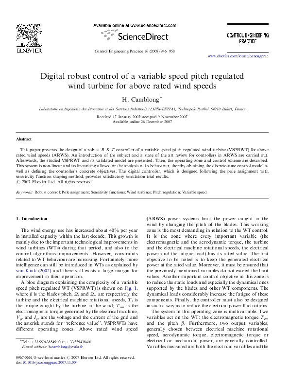 (PDF) Digital robust control of a variable speed pitch regulated wind ...