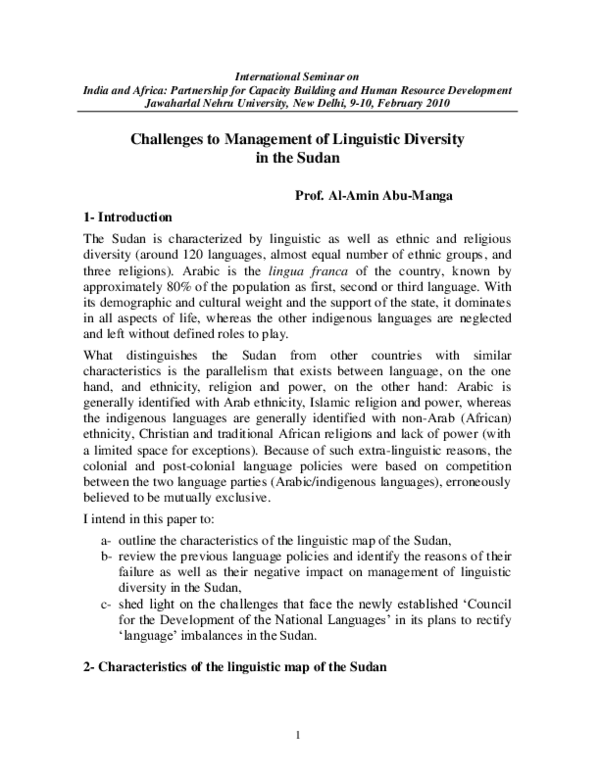 (PDF) Challenges to Management of Linguistic Diversity in the Sudan