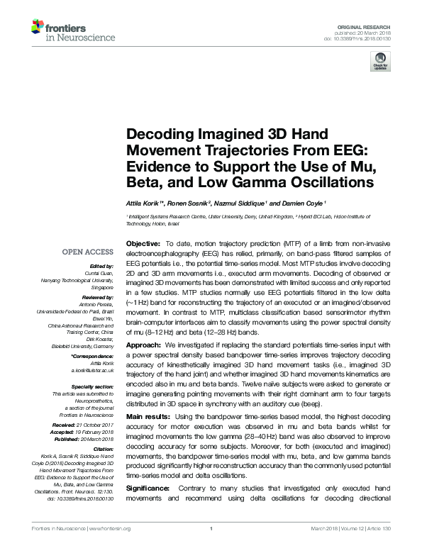 (PDF) Decoding Imagined 3D Hand Movement Trajectories From EEG ...