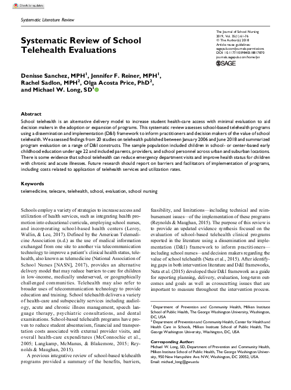 (PDF) Systematic Review of School Telehealth Evaluations