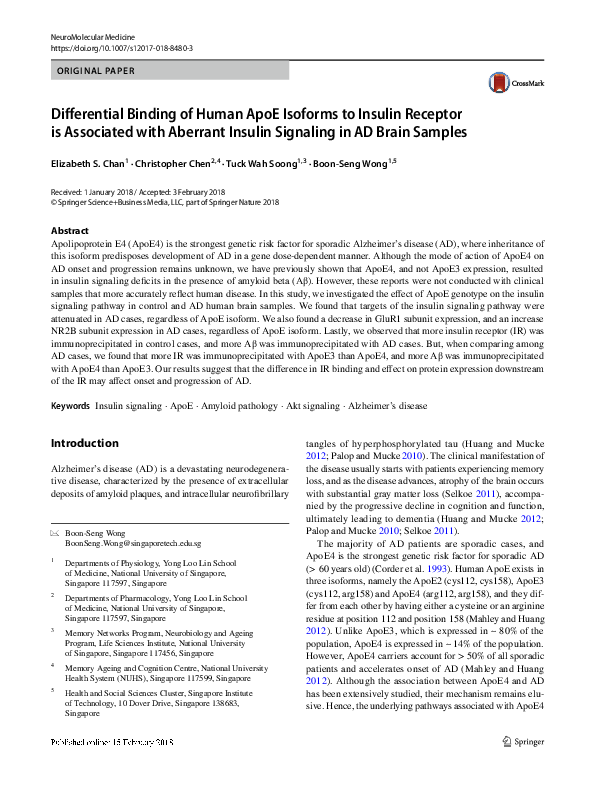 (PDF) Differential Binding of Human ApoE Isoforms to Insulin Receptor ...