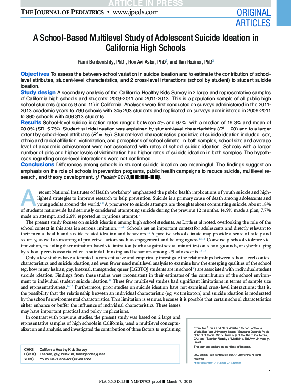 (PDF) A School-Based Multilevel Study of Adolescent Suicide Ideation in ...