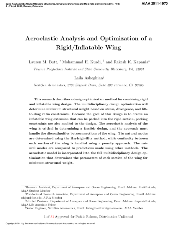 (PDF) Aeroelastic Analysis and Optimization of a Rigid/Inflatable Wing