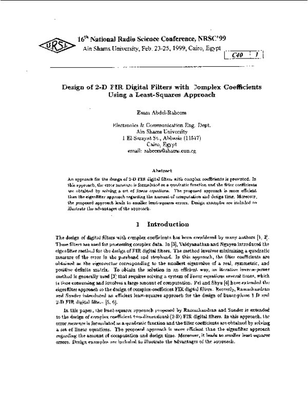 (PDF) Design of 2-D FIR digital filters with complex coefficients using ...