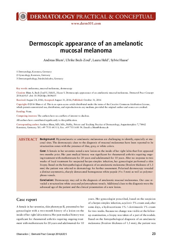 (PDF) Dermoscopic appearance of an amelanotic mucosal melanoma