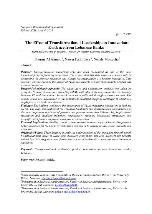 (PDF) The Effect of Transformational Leadership on Innovation: Evidence ...
