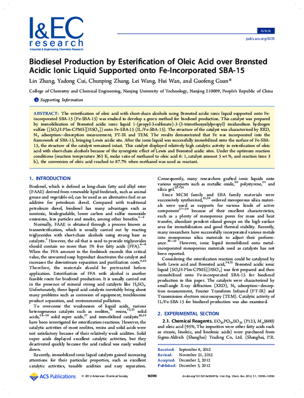 (PDF) Biodiesel Production by Esterification of Oleic Acid and ...