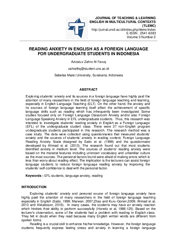 (PDF) Reading Anxiety in English as a Foreign Language for ...