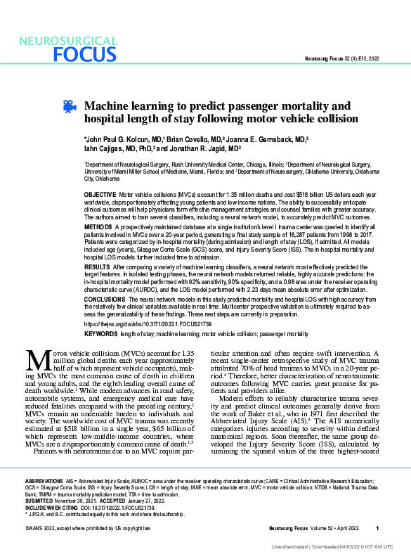(PDF) Machine learning to predict passenger mortality and hospital ...