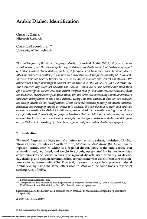 (PDF) Arabic Dialect Identification