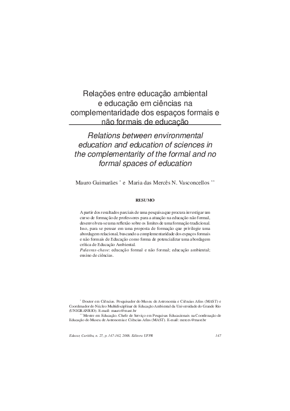 (PDF) Relações entre educação ambiental e educação em ciências na complementaridade dos espaços