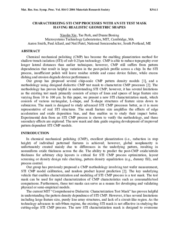 (PDF) Characterizing STI CMP Processes with an STI Test Mask Having ...