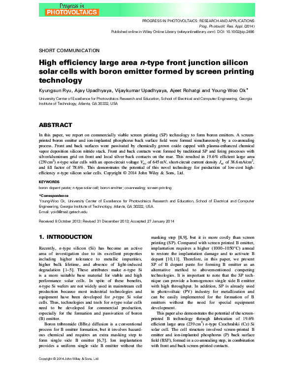(PDF) High efficiency large area n -type front junction silicon solar ...