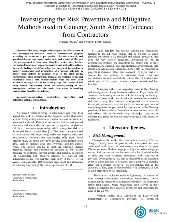 (PDF) Investigating the Risk Preventive and Mitigative Methods used in ...