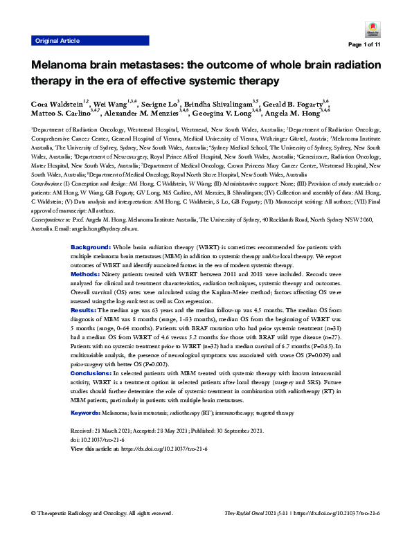 (PDF) Melanoma brain metastases: the outcome of whole brain radiation ...
