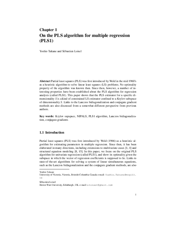 (PDF) On the PLS Algorithm for Multiple Regression (PLS1)