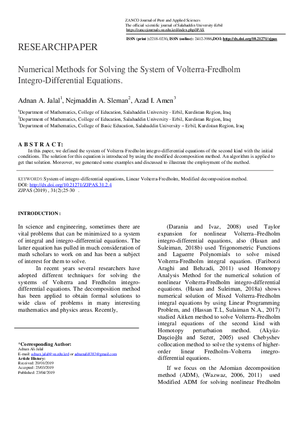 (PDF) Numerical Methods for Solving the System of Volterra-Fredholm ...