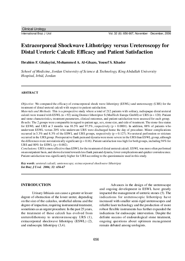 (PDF) Extracorporeal Shock Wave Lithotripsy Versus Ureteroscopic Laser