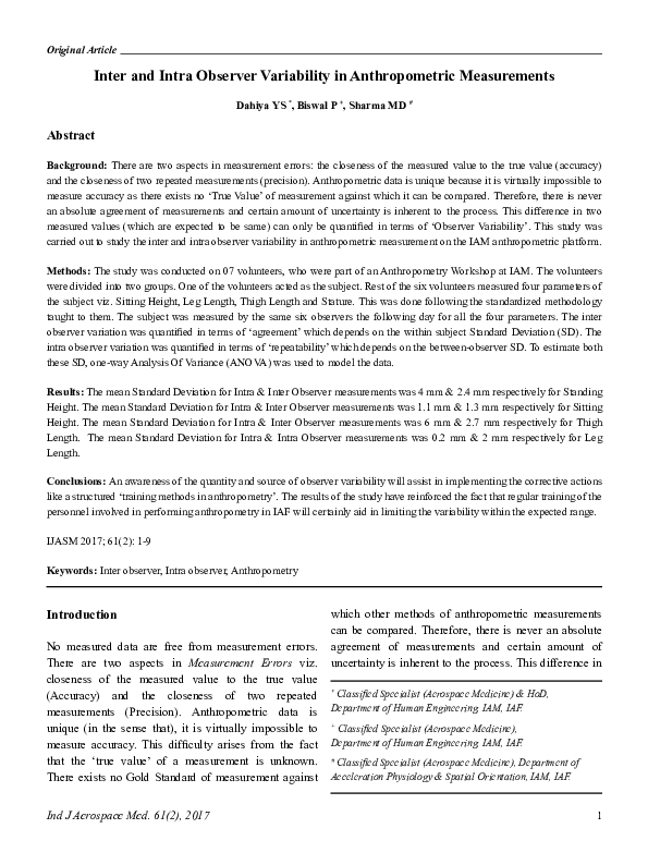 (PDF) Inter and Intra Observer Variability in Anthropometric Measurements