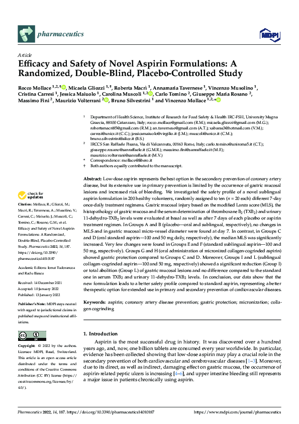 (PDF) Efficacy and Safety of Novel Aspirin Formulations A Randomized, DoubleBlind, Placebo
