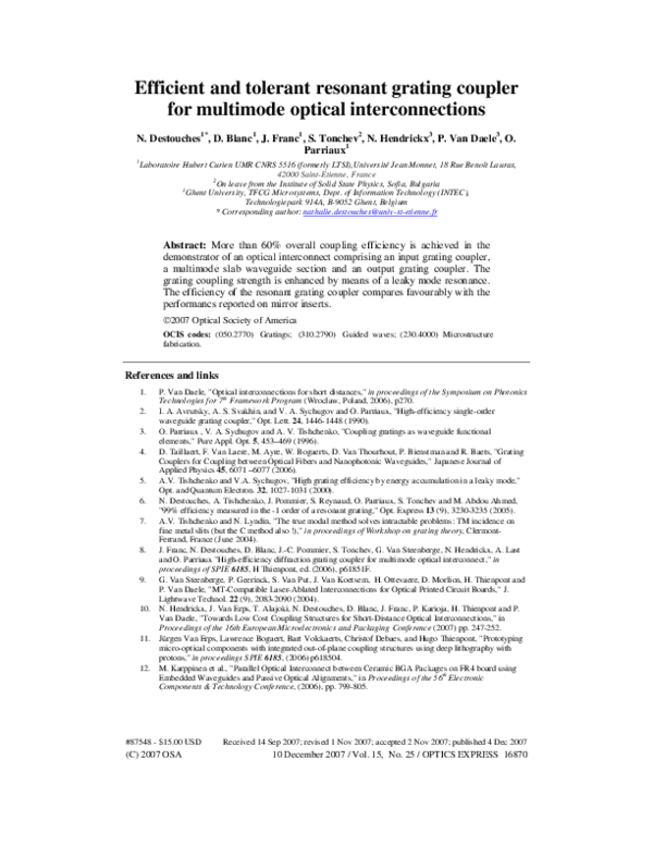 Pdf Efficient And Tolerant Resonant Grating Coupler For Multimode