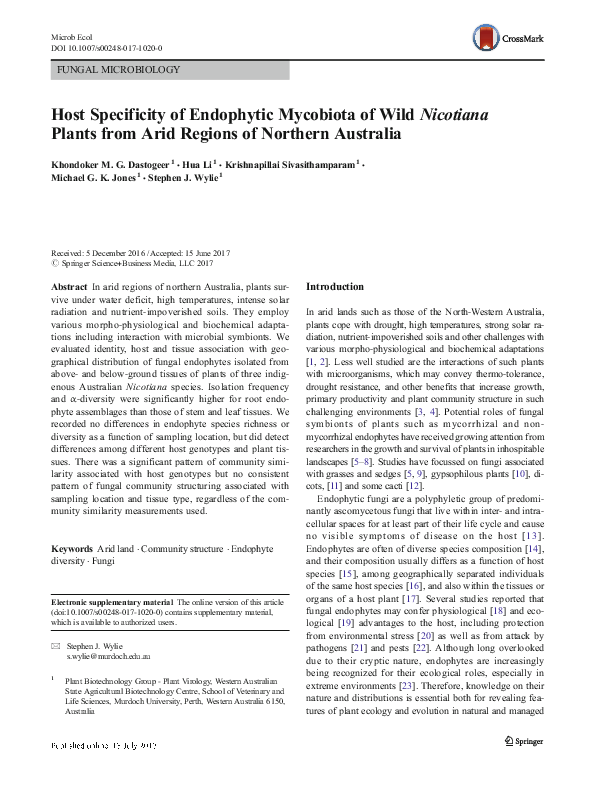 (PDF) Host Specificity of Endophytic Mycobiota of Wild Nicotiana Plants ...