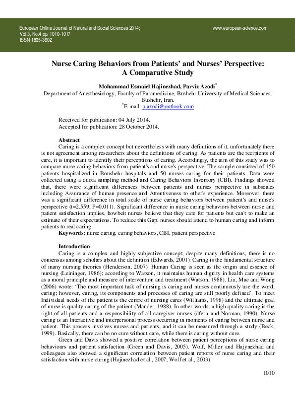 (PDF) Nurse Caring Behaviors from Patients’ and Nurses’ Perspective: A ...